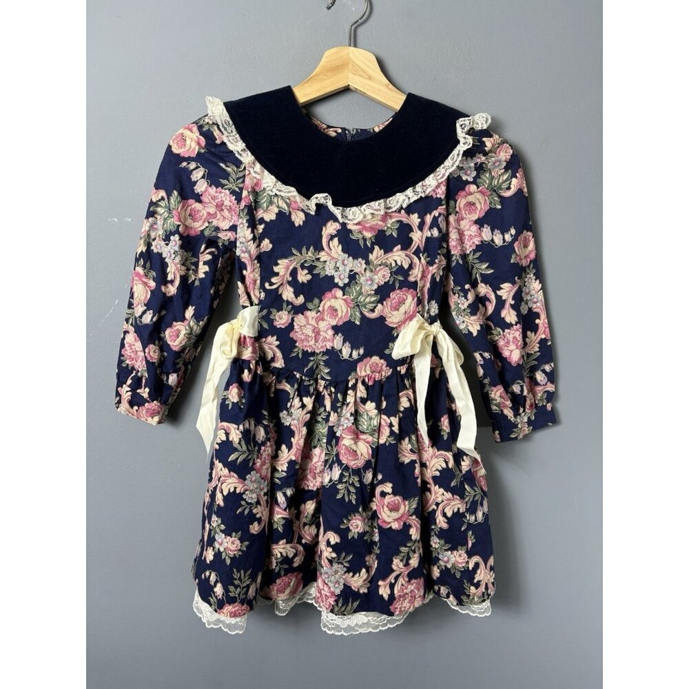 Vintage 90s Girls 6X Navy Blue Floral Print Dress with Velvet Collar by SWAT